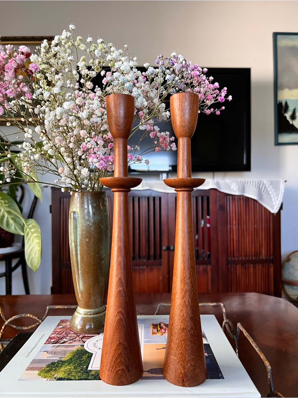 Vintage MCM Wooden Candle Holders Set of 2 12" Tall Mid Century Modern